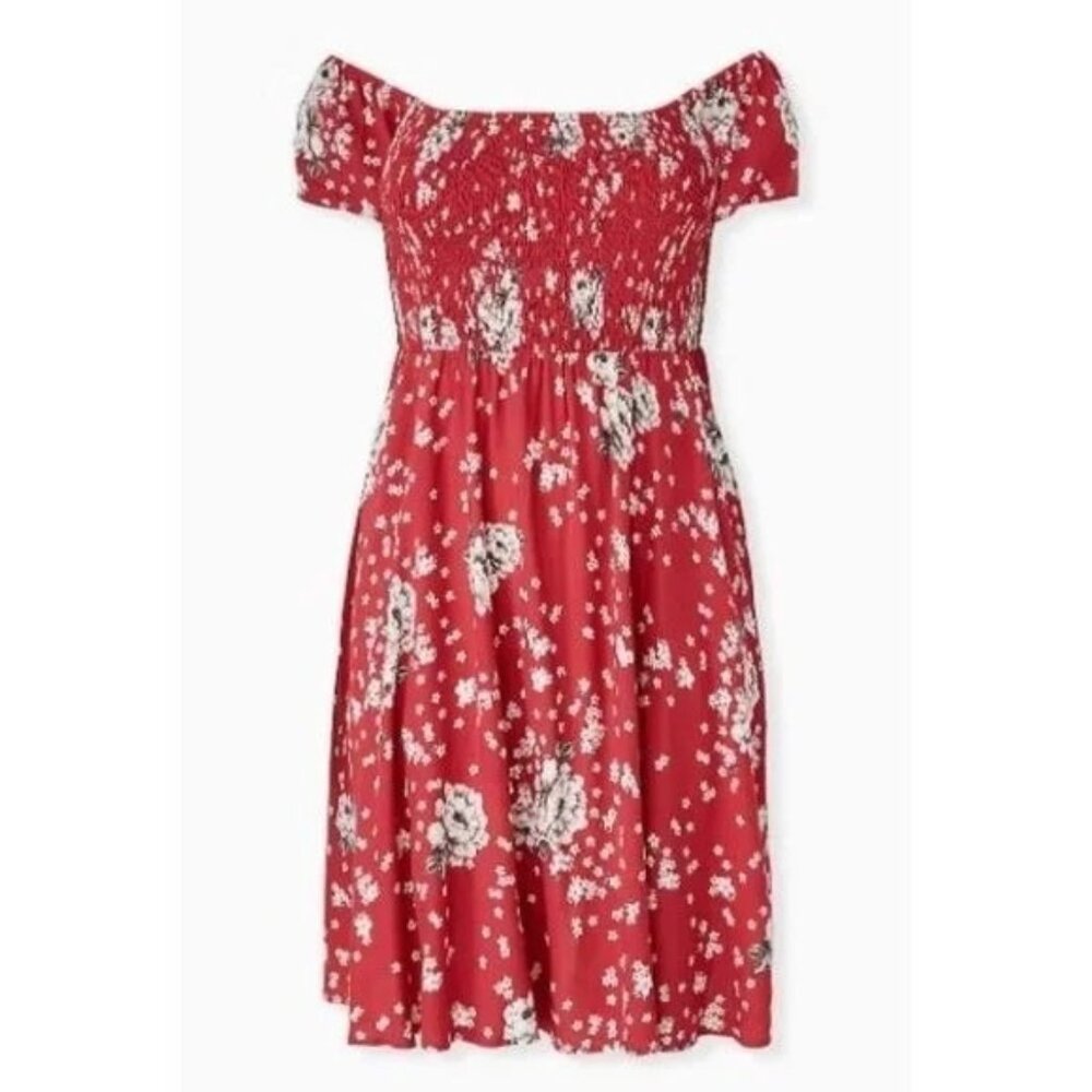 Torrid Red Mini Floral Challis Smocked Bodice Off-Shoulder Skater Dress Plus 4X